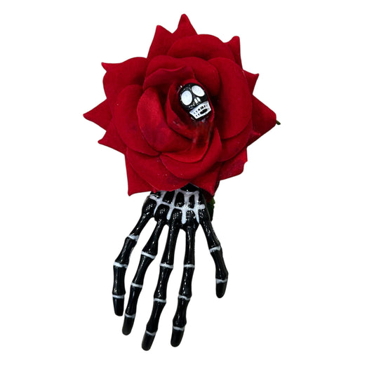 Black Skeleton Hand with Red Rose Hair Clips