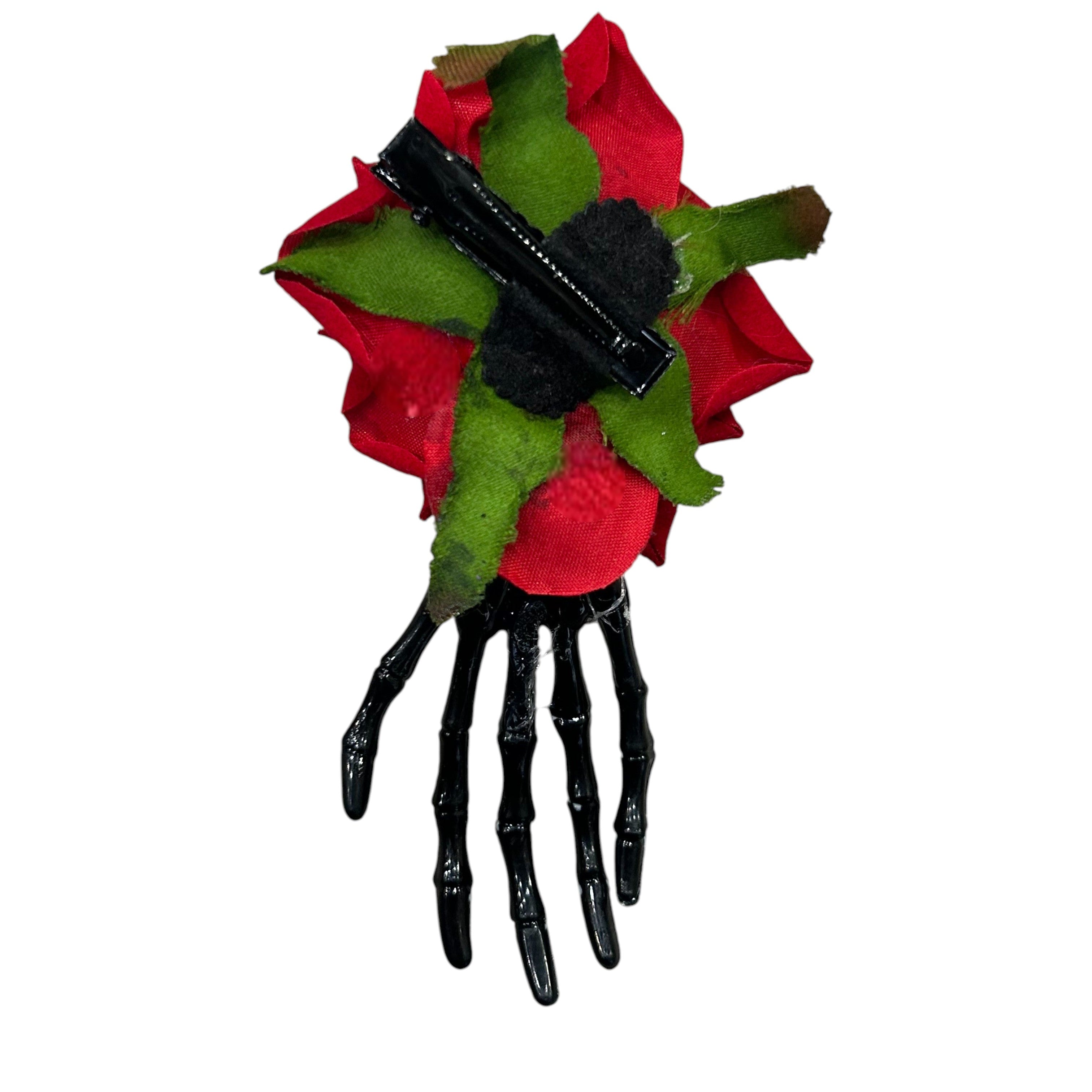 Black Skeleton Hand with Red Rose Hair Clips