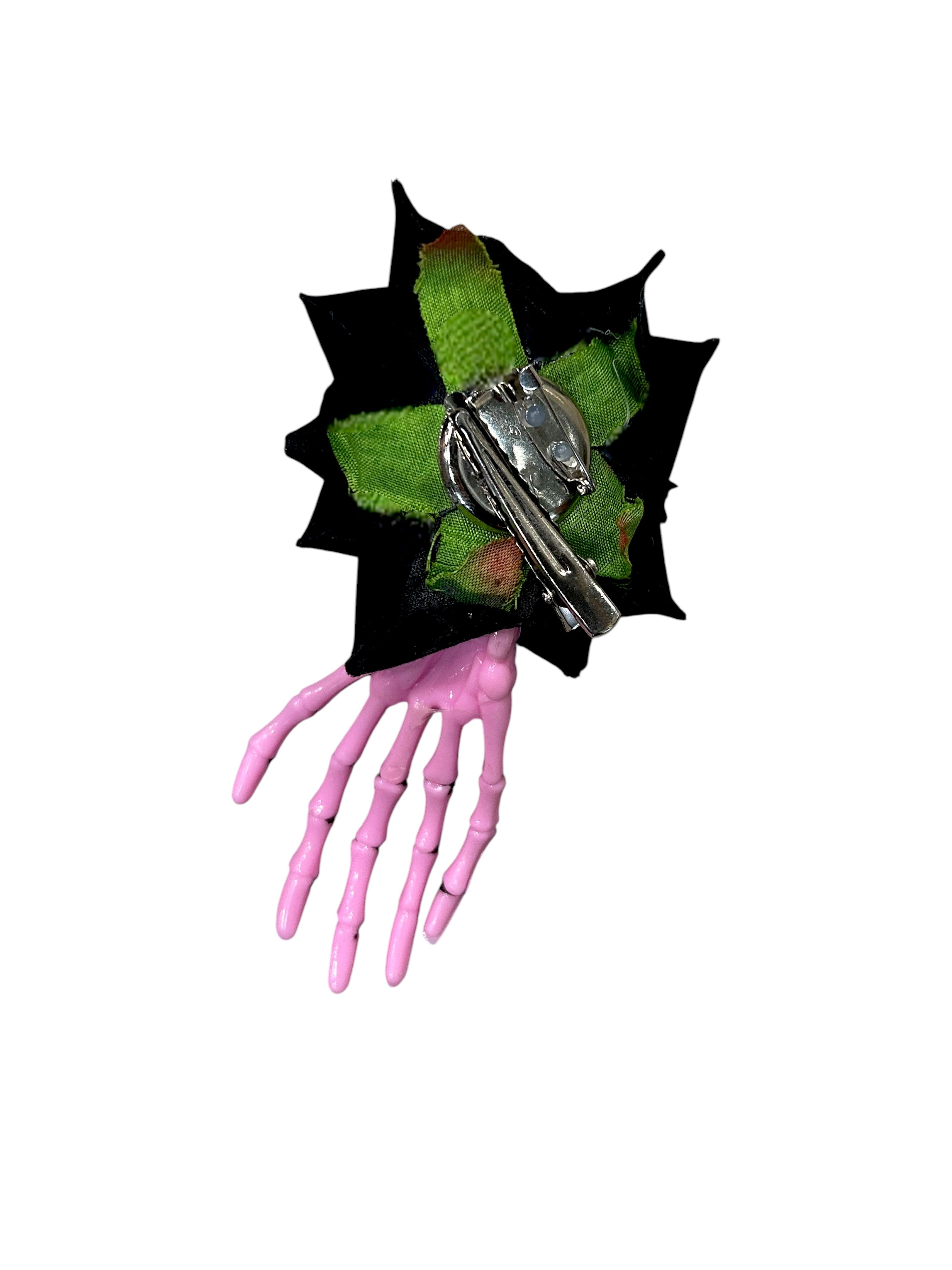 Pink Skeleton Hand with Black Rose Hair Clips