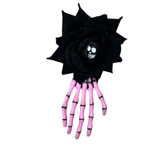 Pink Skeleton Hand with Black Rose Hair Clips