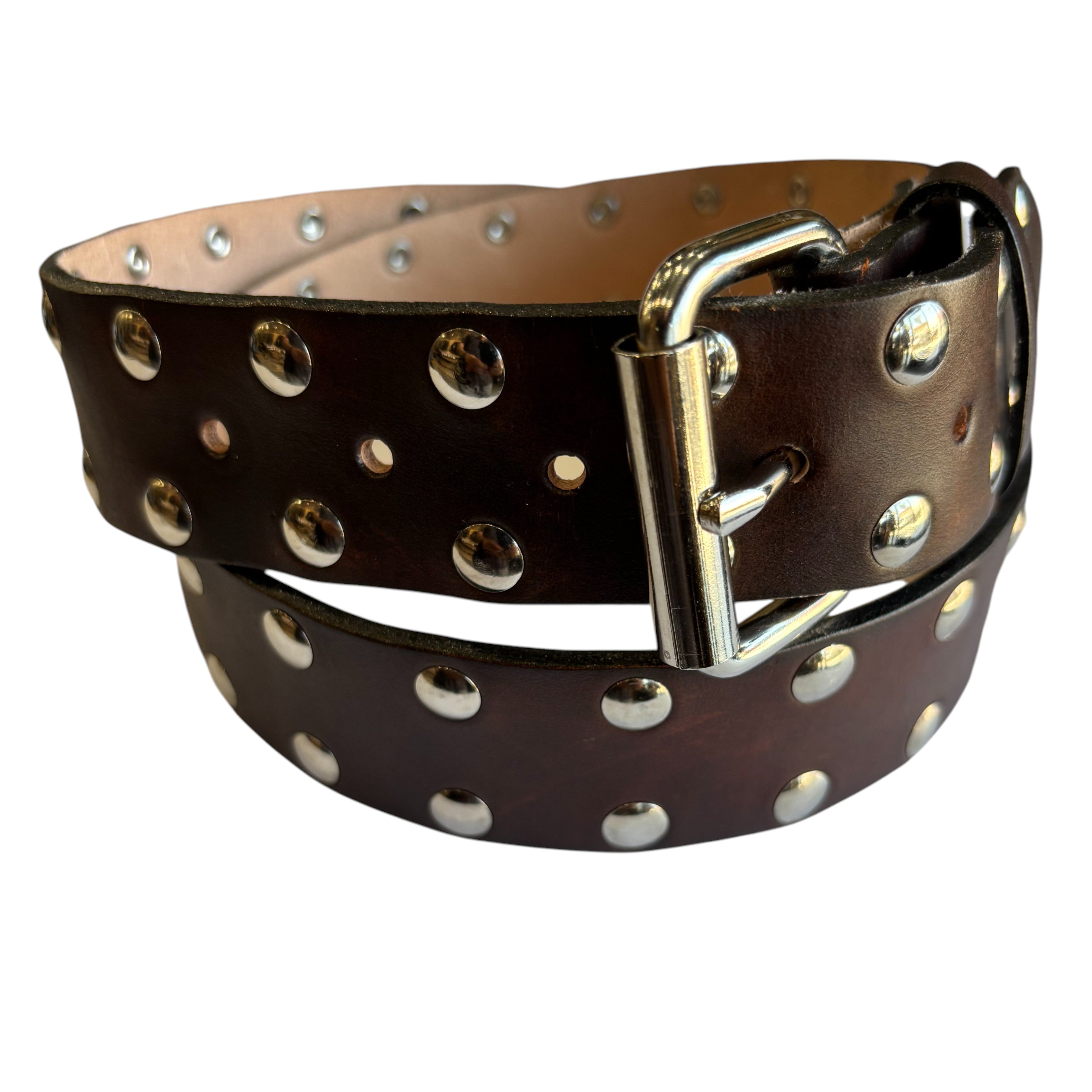2 Row Flat Studded Brown Leather Belt