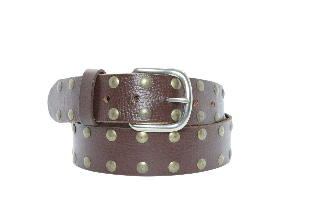 2 Row Flat Studded Brown Leather Belt